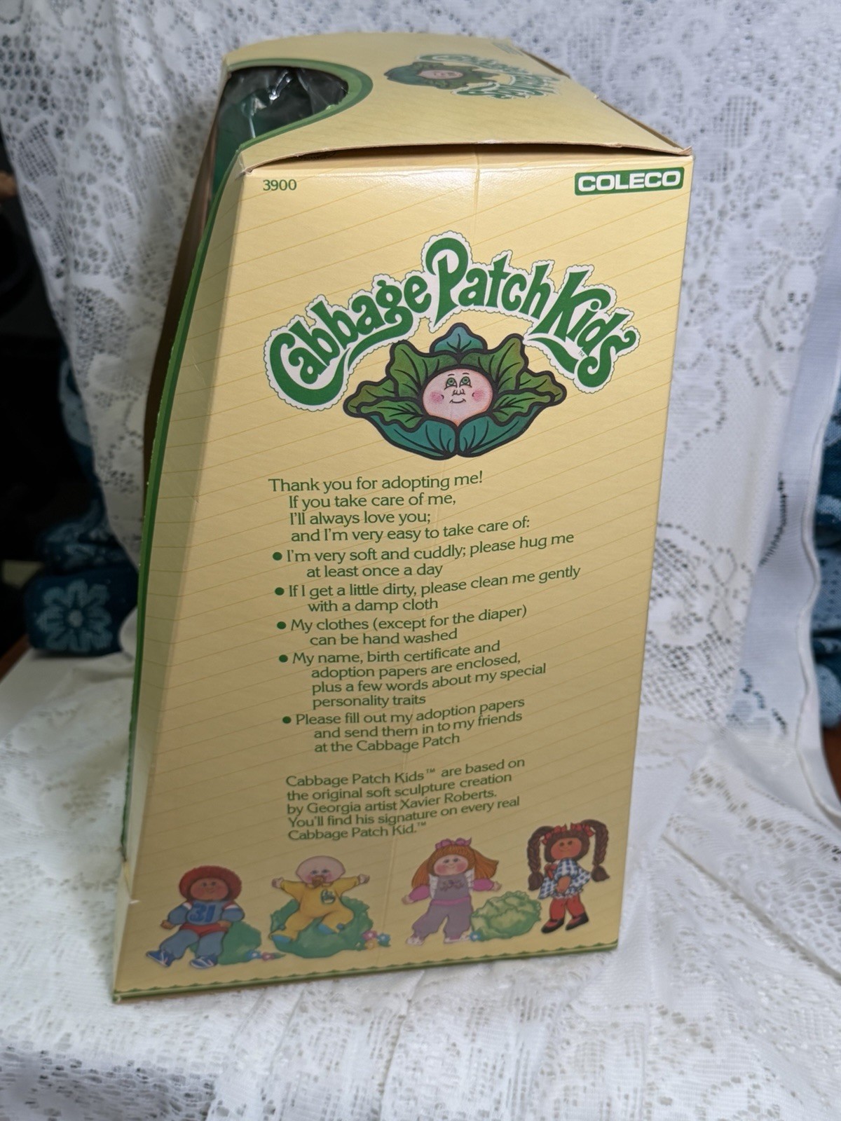 1985 Cabbage Patch Kids Open Box, Never Removed FM2 Wheat Blonde Pigtails Green