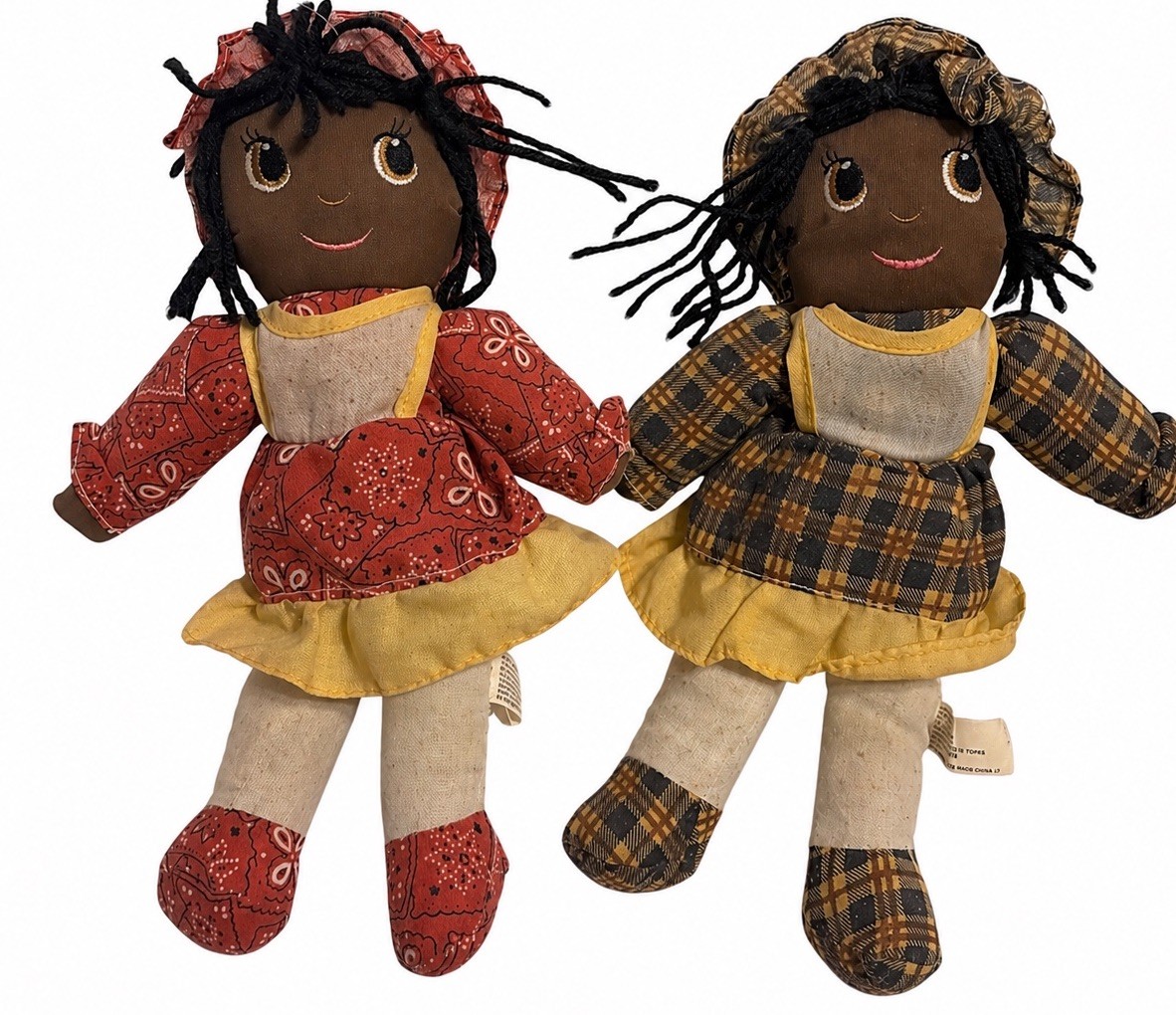 2 Vintage 10” Black Americana Rag Doll Sisters Folk Style Fabric Cloth Girls