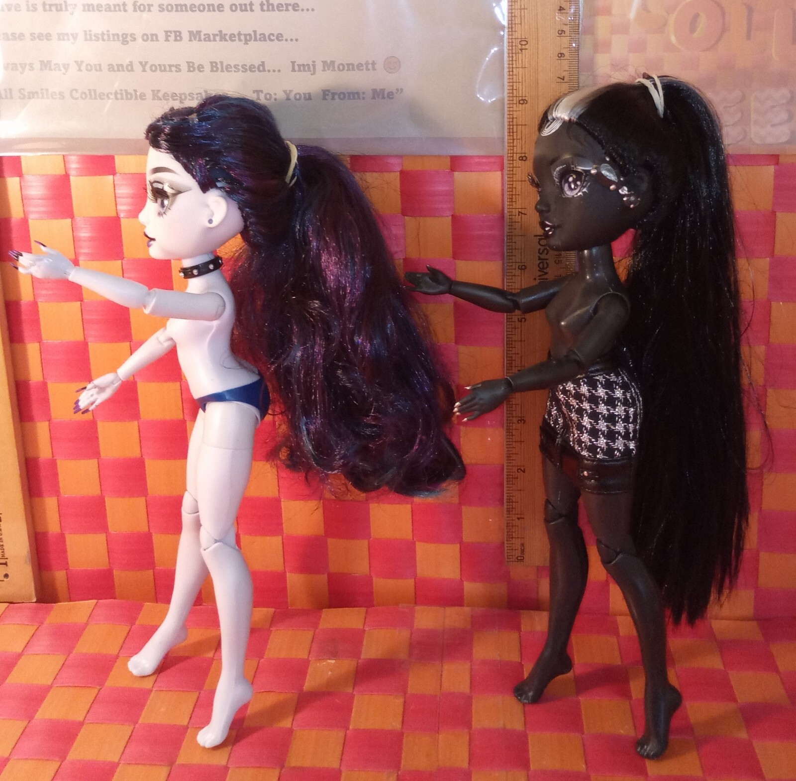 Dolls, 2 pcs, 10″h, both 2022, pale white and deep black ghoul-like girl dolls b