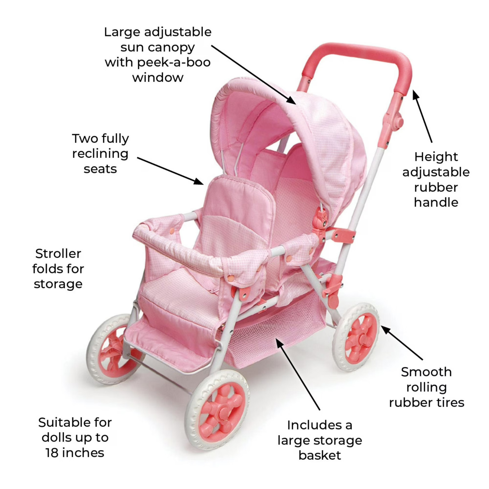 Folding Double Front-to-Back Doll Stroller – Pink/Gingham