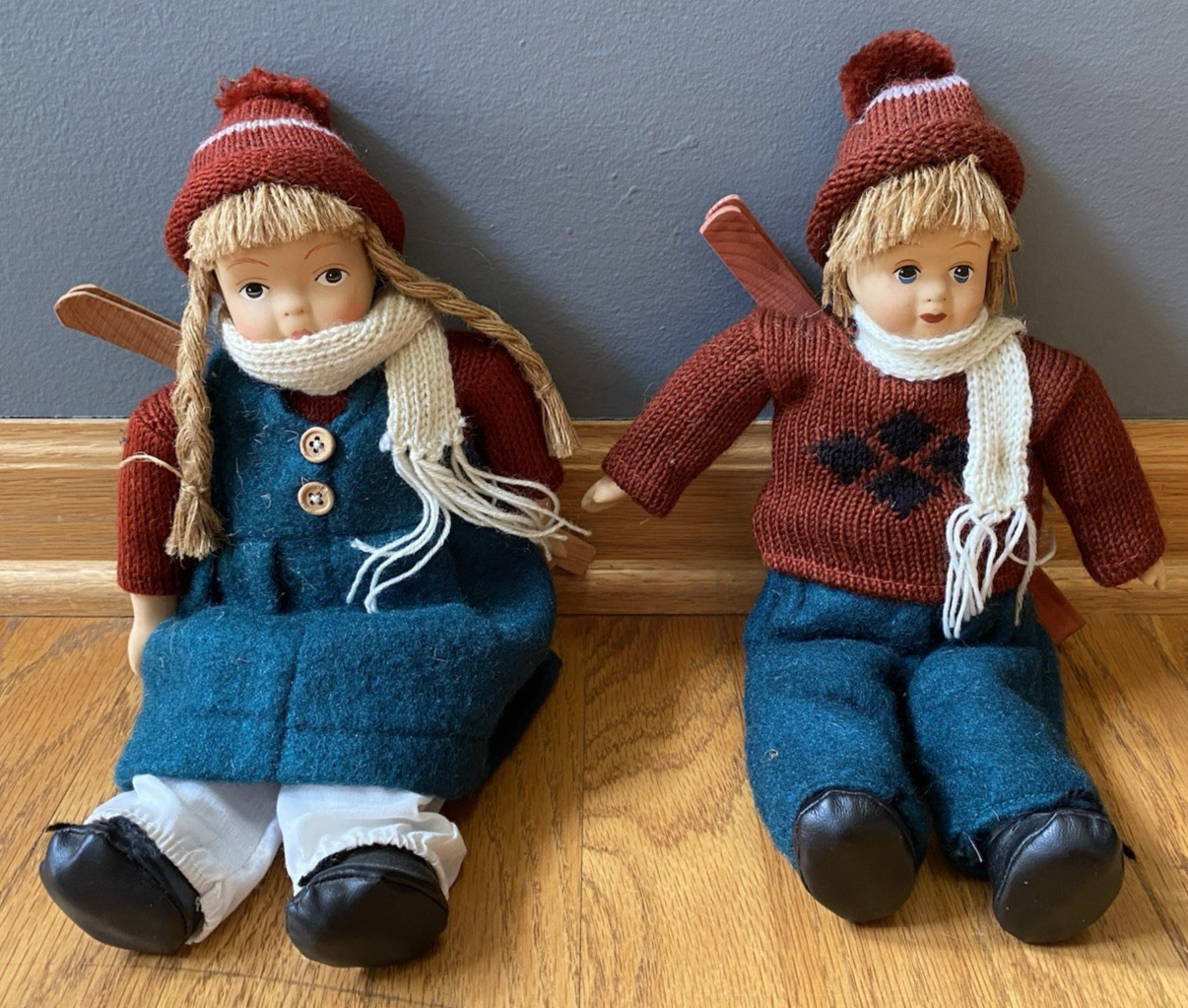 Vintage Springford Fair Isle Boy Girl Winter Dolls Wood Skies Ceramic Soft Body