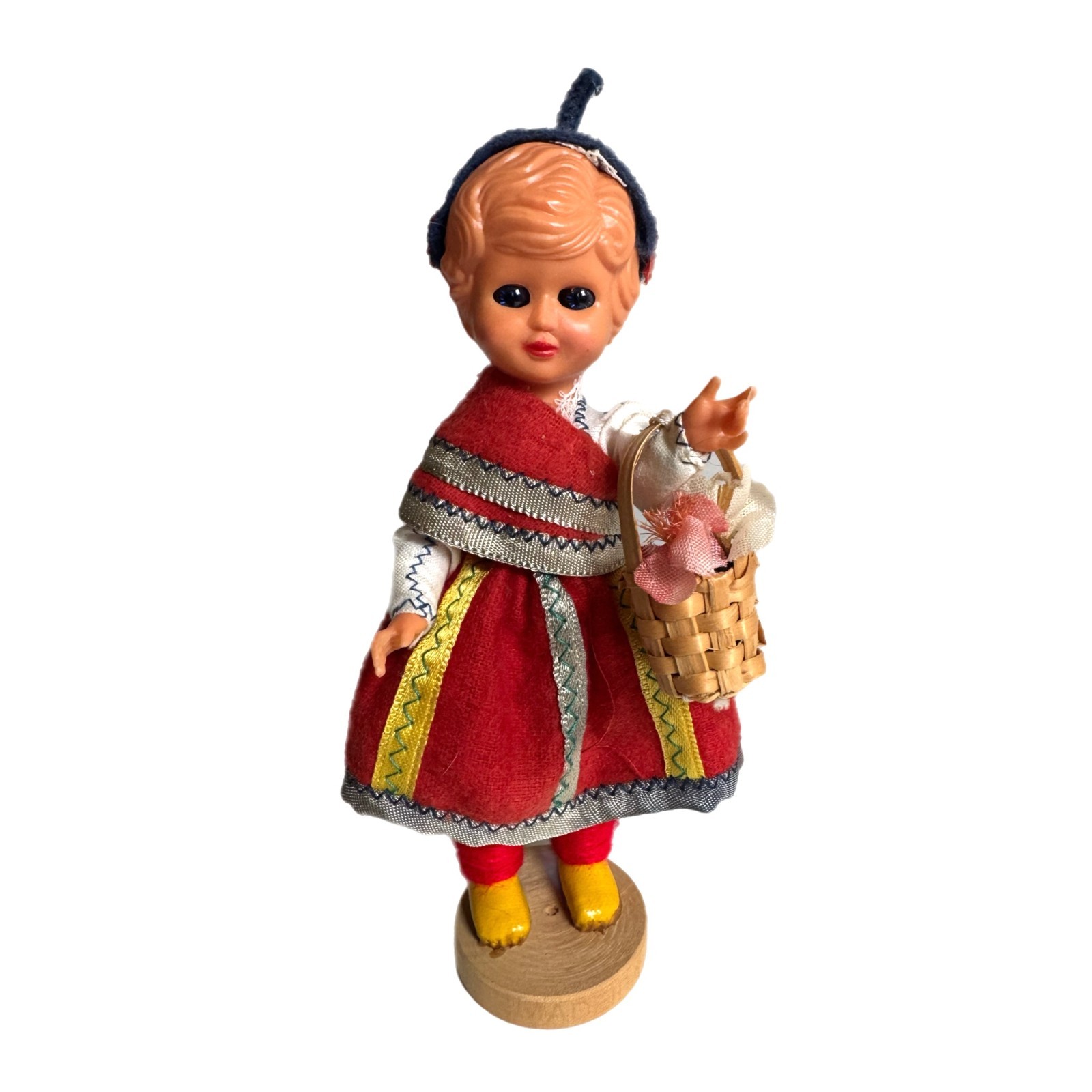 Vtg Traditional Portugal Dutch Sleepy Eyes Folk Art Doll On Wooden Stand Kitsch