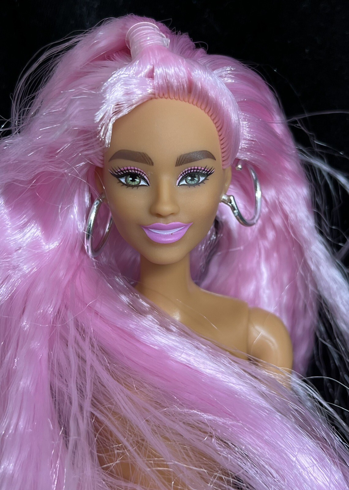 Long pink hair/green eyes-Mattel Barbie doll-Articulated-Nude for OOAK-A-29
