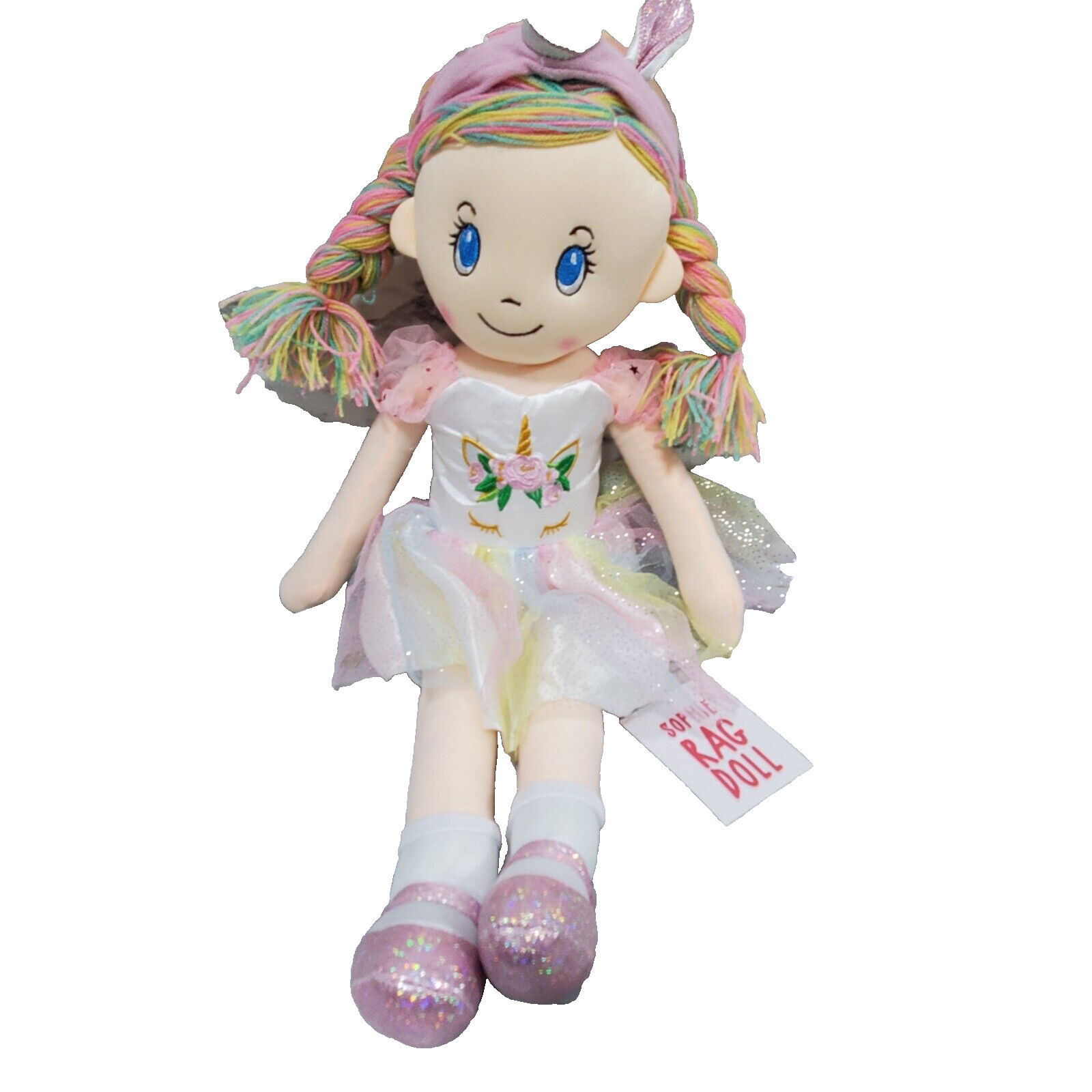 Sophie Soft Rag DollbBlue Eyes Multicolor Hair Glitter Dress Decorative for Kids
