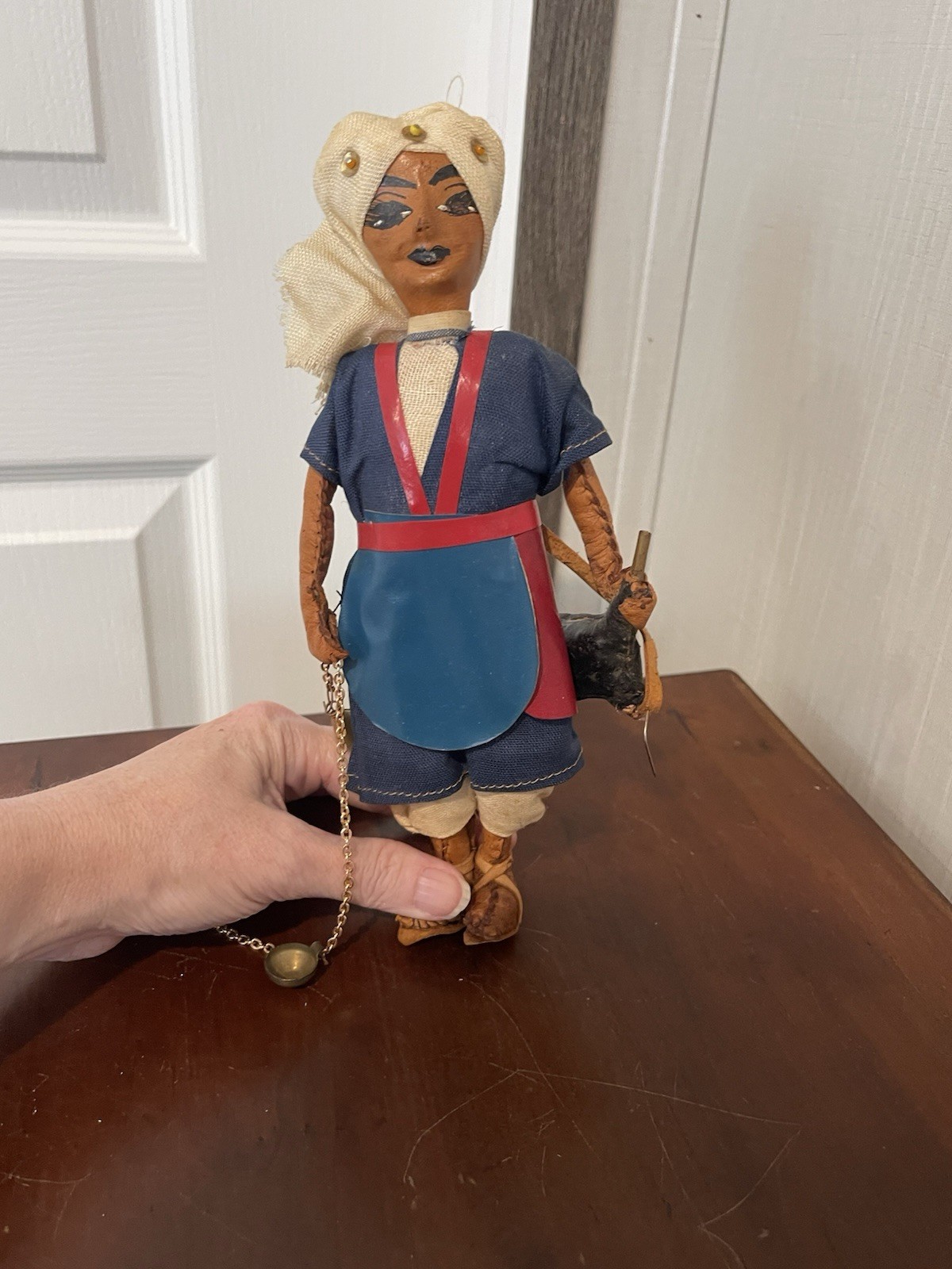 Vintage Moroccan Folk Art Doll, Handmade Leather Moroccan Doll, Water Seller