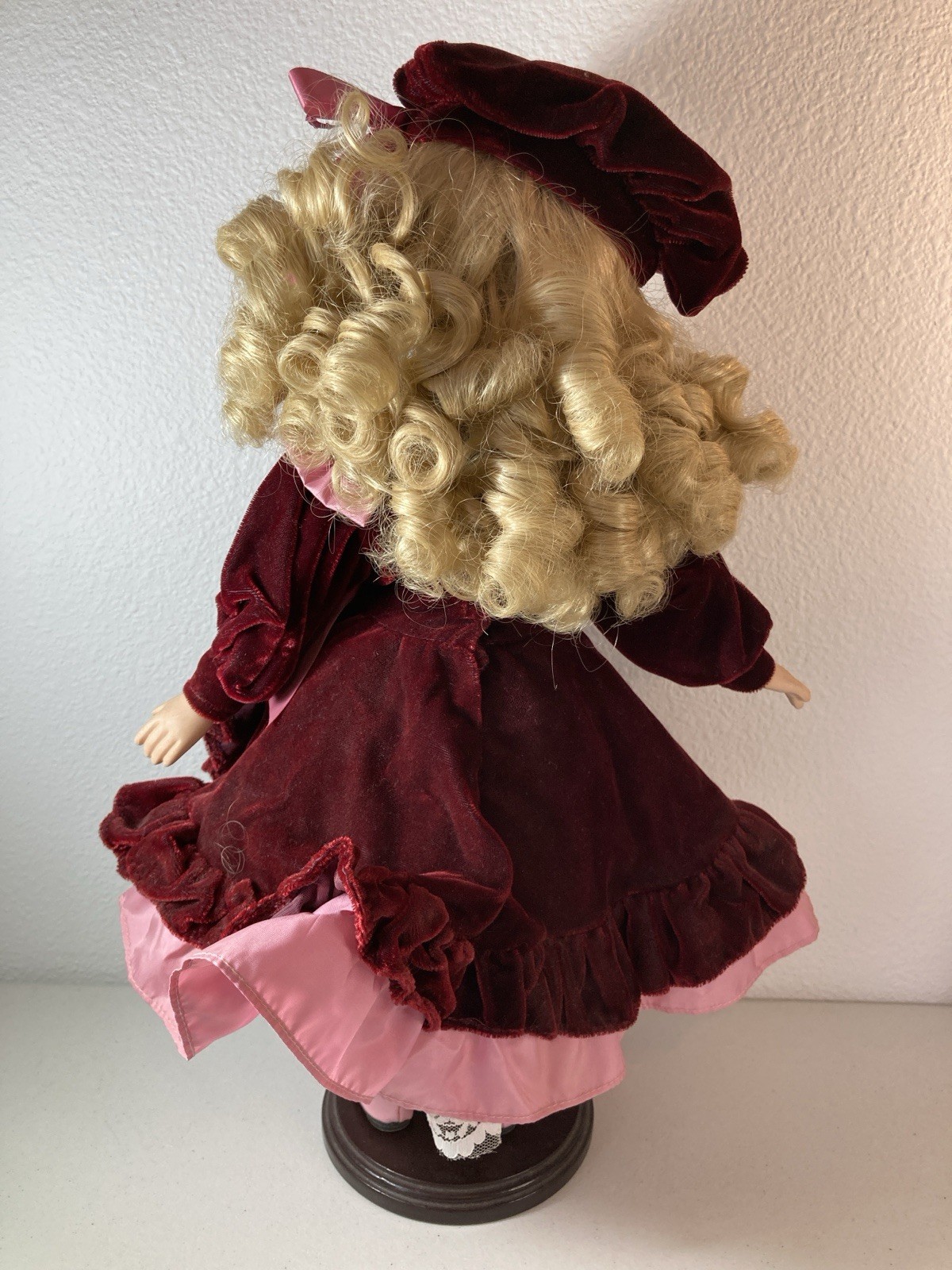 Brass Key Keepsakes – 16” Porcelain Doll – Blonde With Red Velvet Dress + Stand