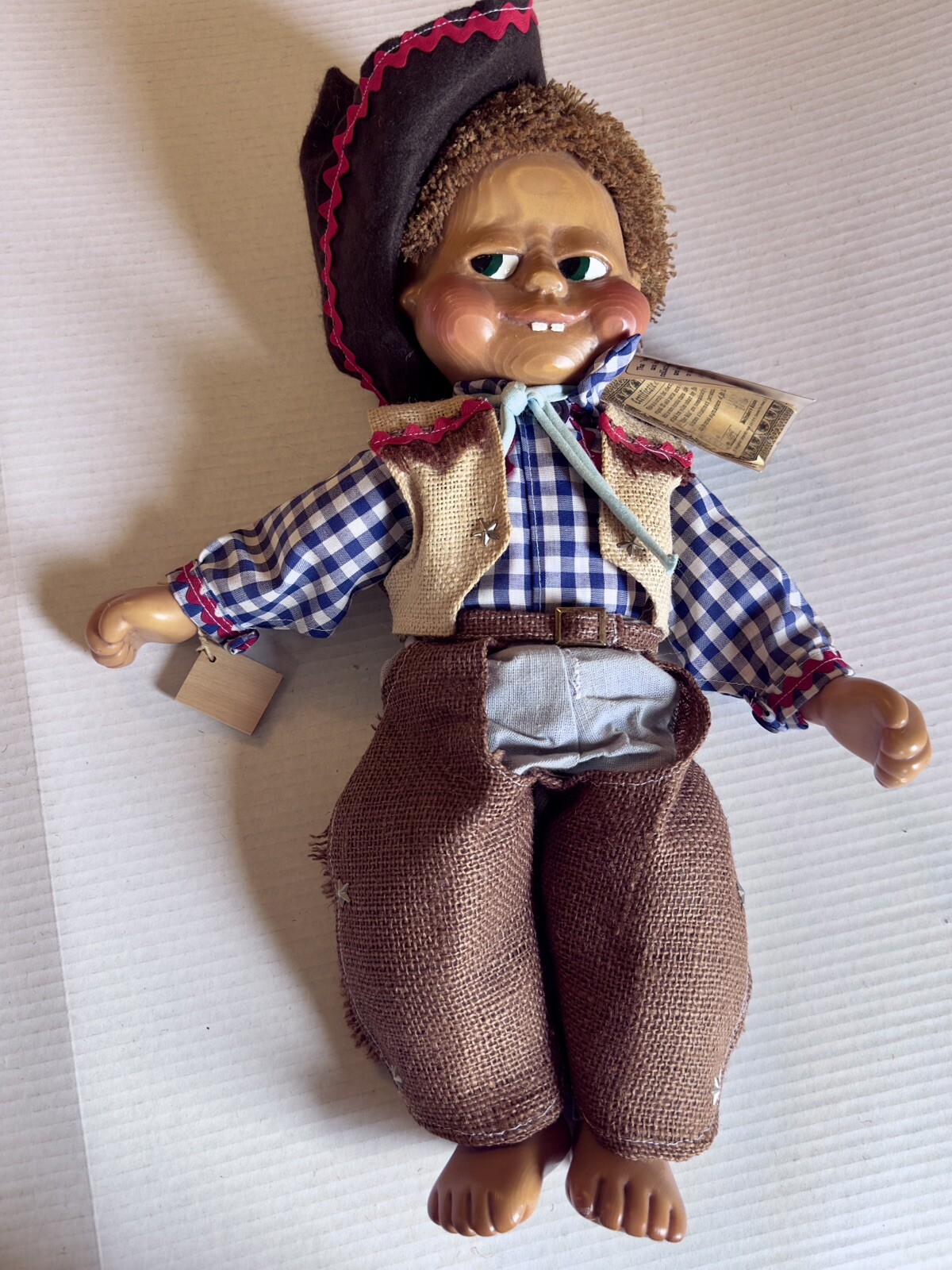 Naber Kids 18″ 1988 Vintage #1317 Signed WALTER Cowboy Carved Wood Boy Doll COA