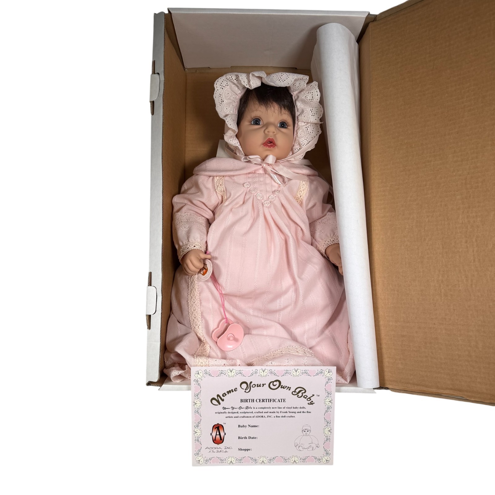Adora Name Your Own Baby Doll Blue Eyes Brown Hair Pink Outfit Bonnet Pacifier