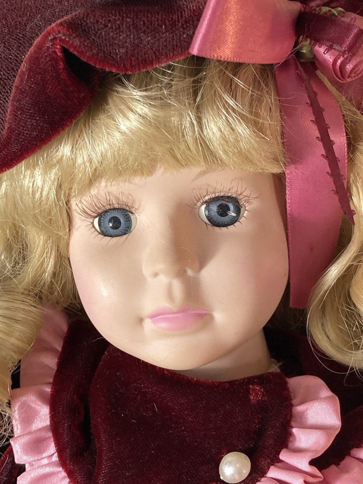 Brass Key Keepsakes – 16” Porcelain Doll – Blonde With Red Velvet Dress + Stand