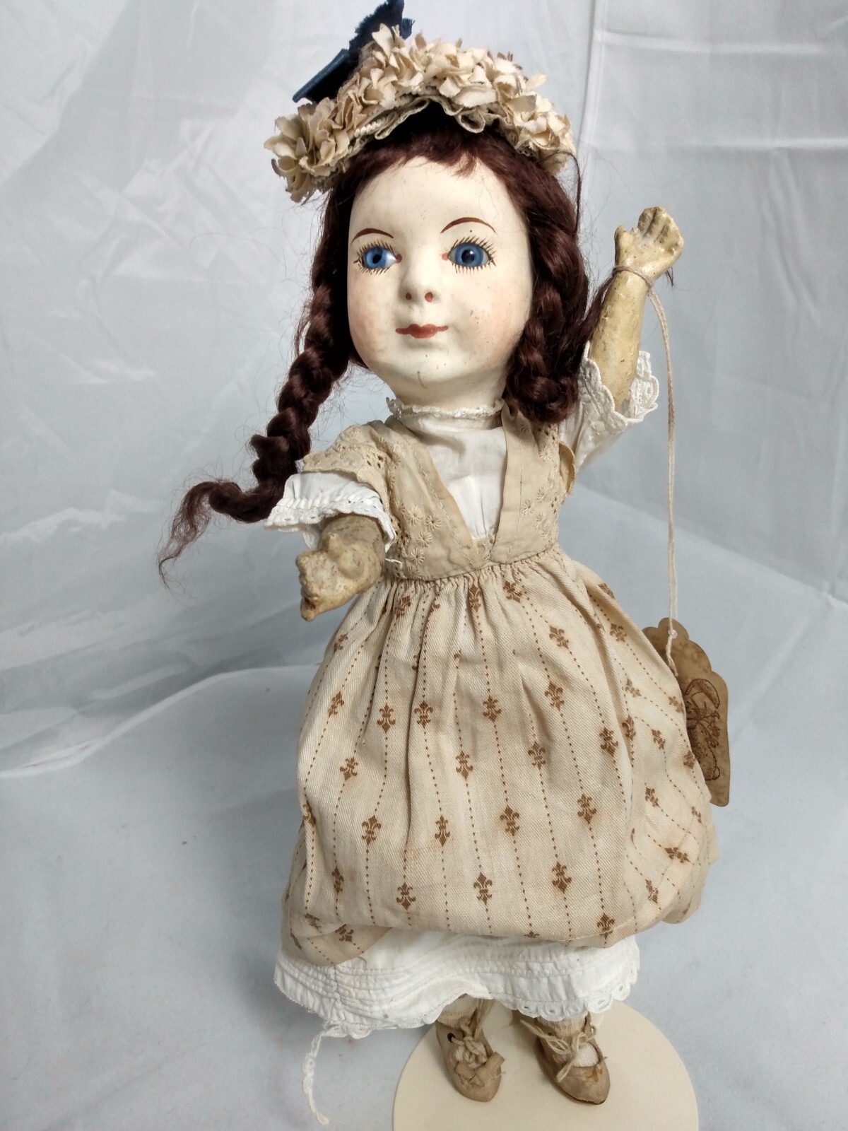 Antique 13.5″ French Papier Mache Doll w/Composition Body + Glass Eyes c1915
