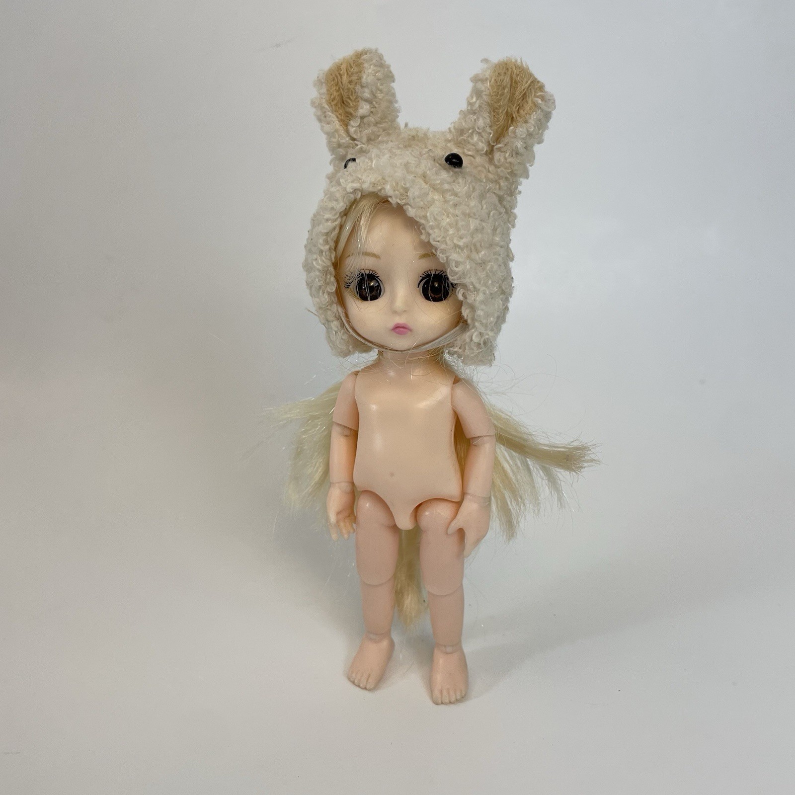 BJD Plastic Anime Doll Bunny Hat Brown Eyes Rooted Hair 7”