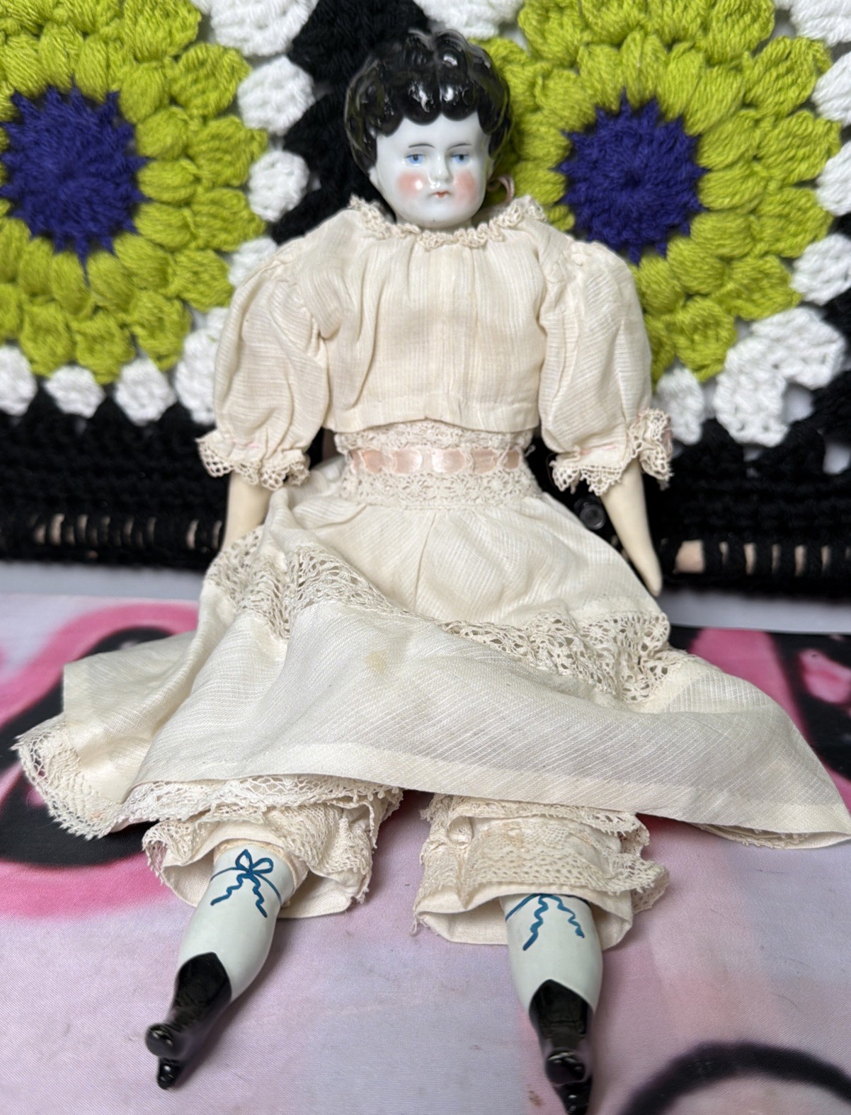 Antique German China Head Doll Made in Germany Black Hair Painted Garters 3pc