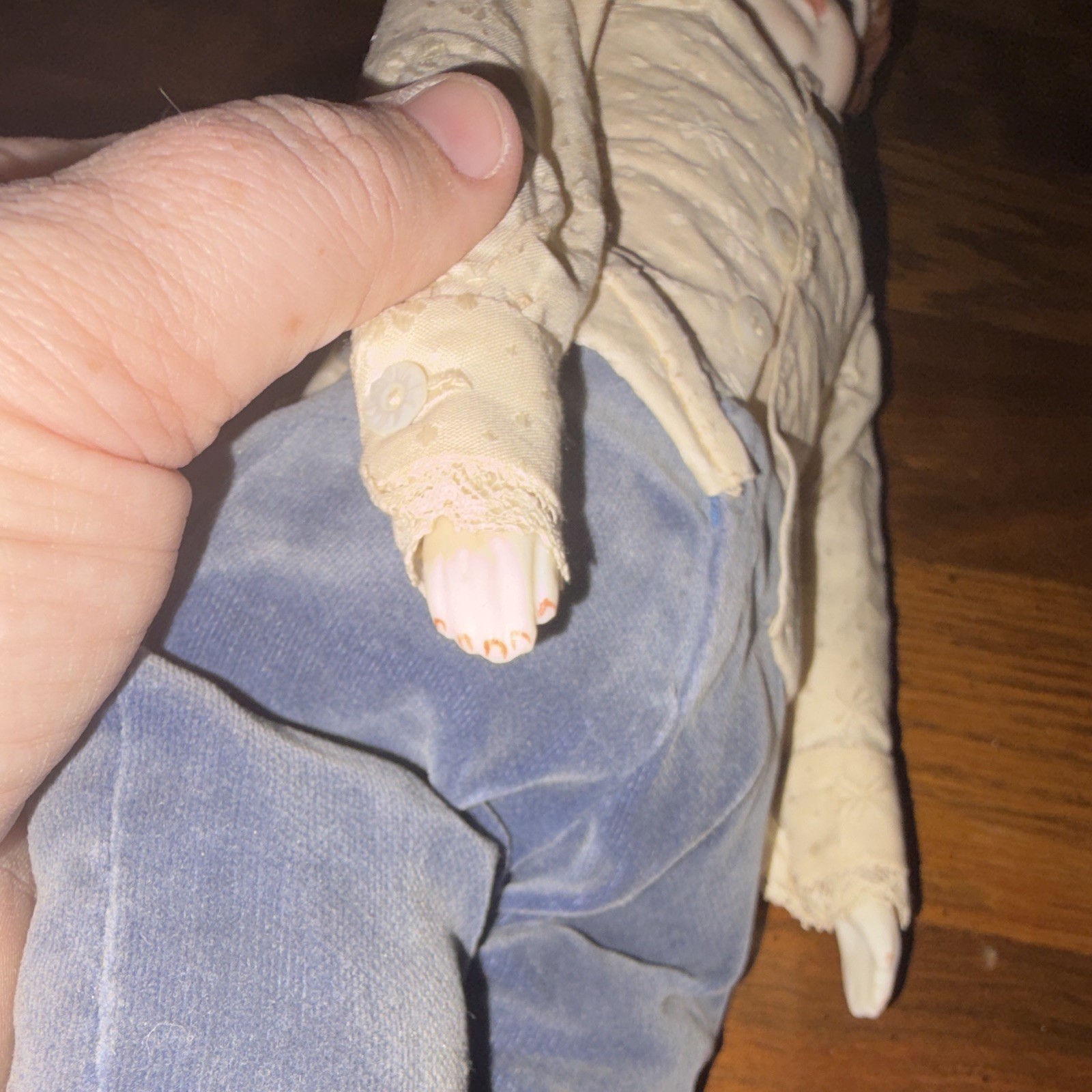 Porcelain Doll Light Complexion Brown Curly Hair White Shirt Blue Pants Boots