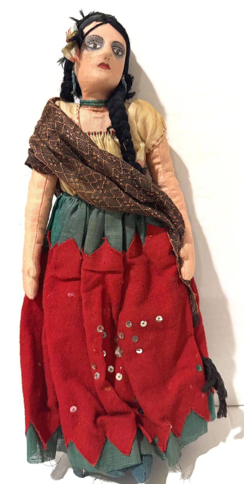 Vintage Mexican Folk Art Handmade Souvenir Doll Mid-20th Century Woman Lady 14″