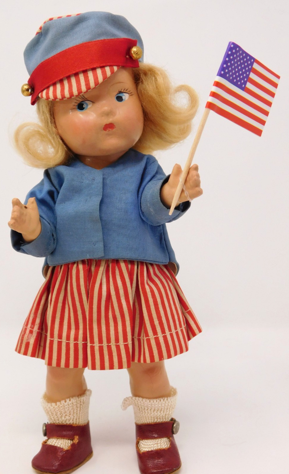 VTG 1942 Vogue Toddles Pre Ginny Composition doll “MISS AMERICA” Red Blue Outfit
