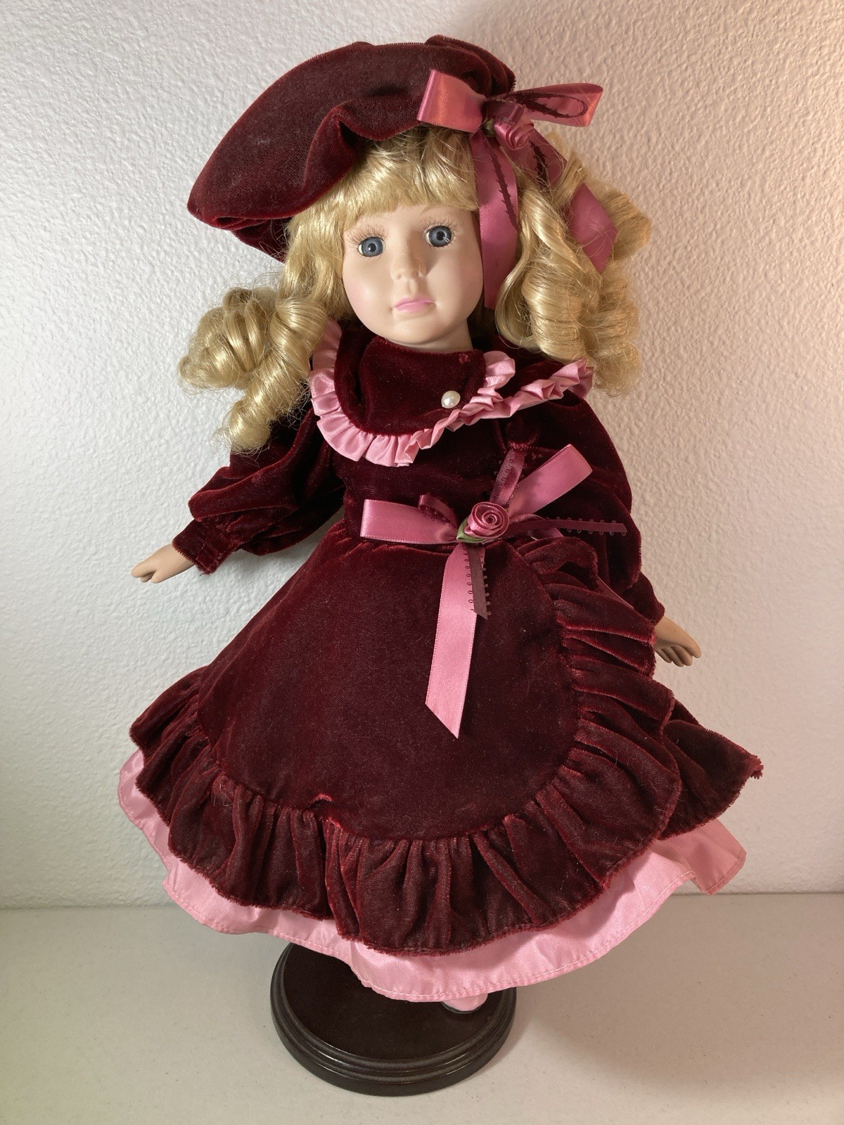 Brass Key Keepsakes – 16” Porcelain Doll – Blonde With Red Velvet Dress + Stand