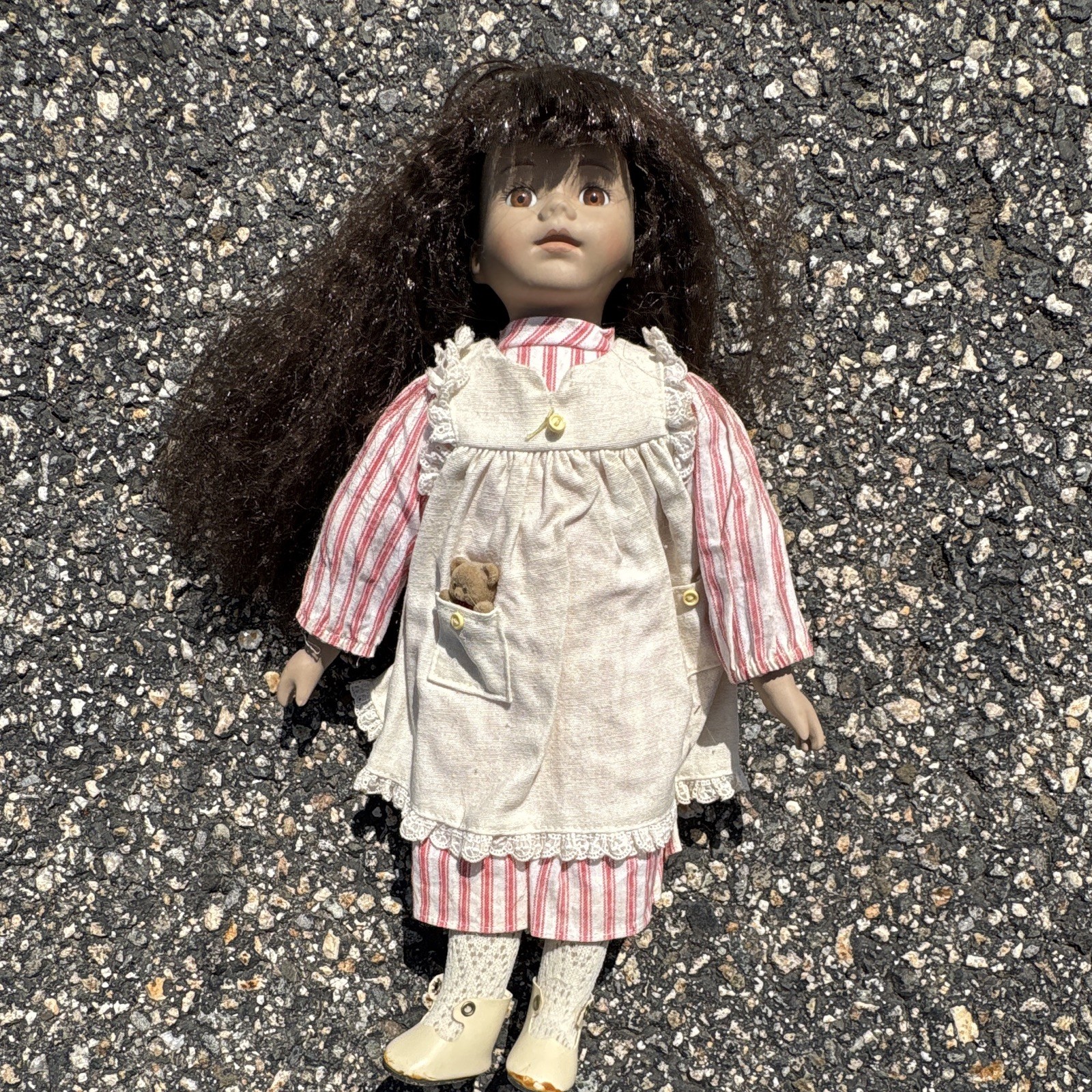 Girl Play Doll Brown Wavy Hair Brown Eyes Striped Dress Removable Clothes