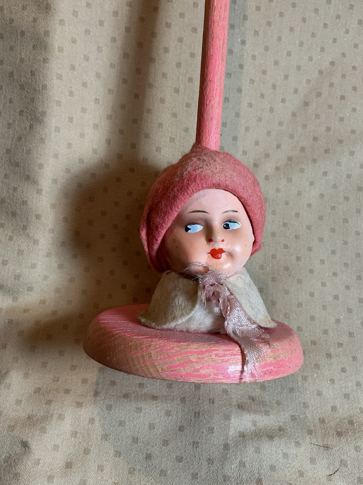 Vintage Doll Head Hat Stand – Pink With Composition Head & Painted Face In Pinks