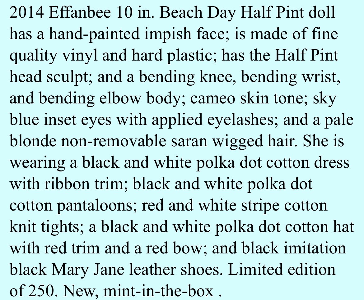TONNER EFFANBEE ~Half Pint Beach Day~ DOLL LE 250 NEW 10” nrfb