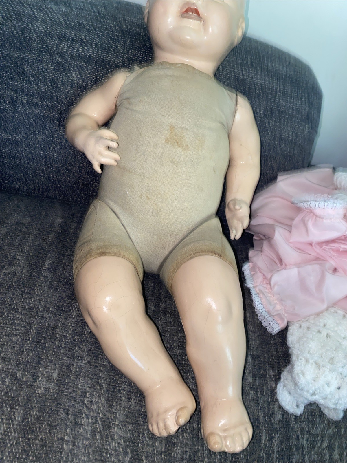 Antique 1920’s Horsman Composition “Baby Dimples” Doll 19″ HM Clothes See Pics