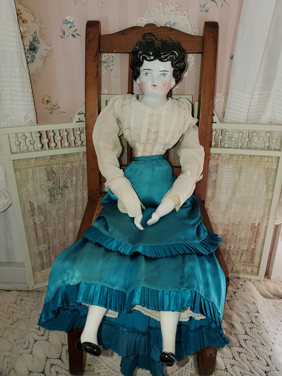 21″ Antique 1880 German China Head Doll In Silk Hand Stitched Skirt