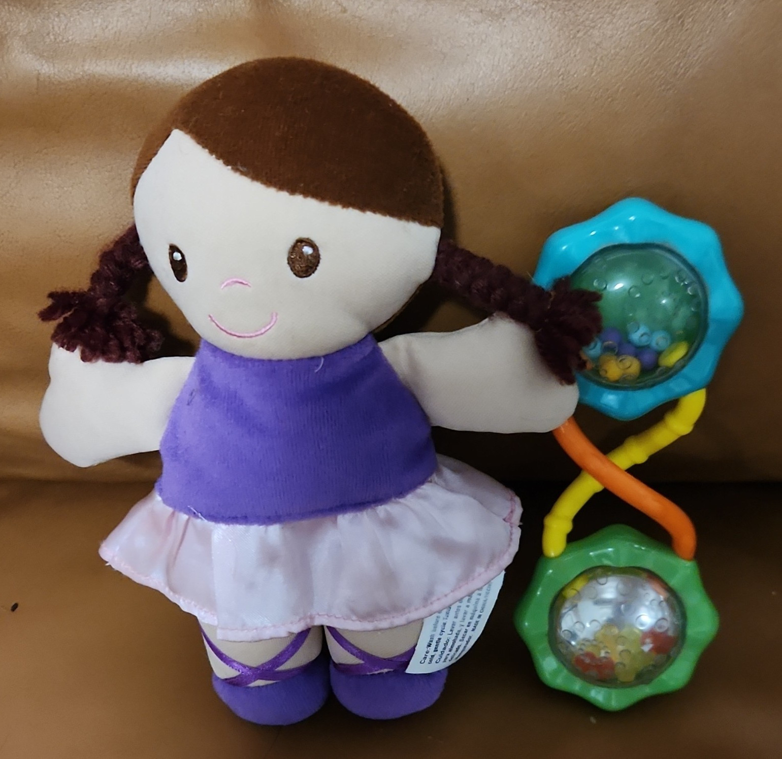 Cloth Play Girl Doll Purple Dress Braided Brown Hair Brown Eyes w/ Rattle Toy