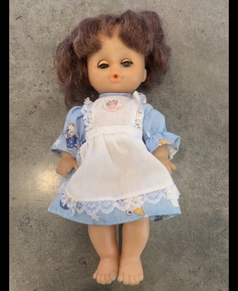 Vintage 9” Doll Brown Hair, Eyes That Close And Blue Dress Unbranded