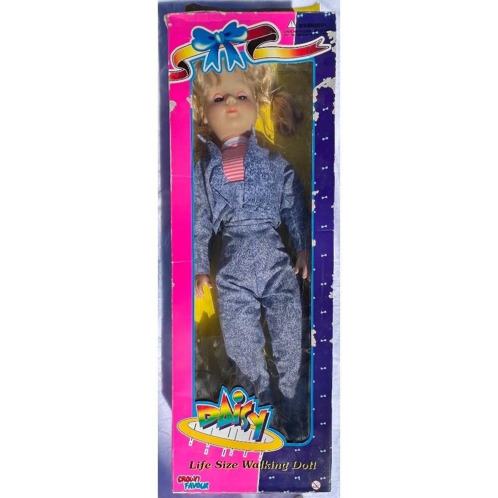 Daisy Life Size Walking Doll Vintage 80s Blonde Hair Blue Outfit in Box