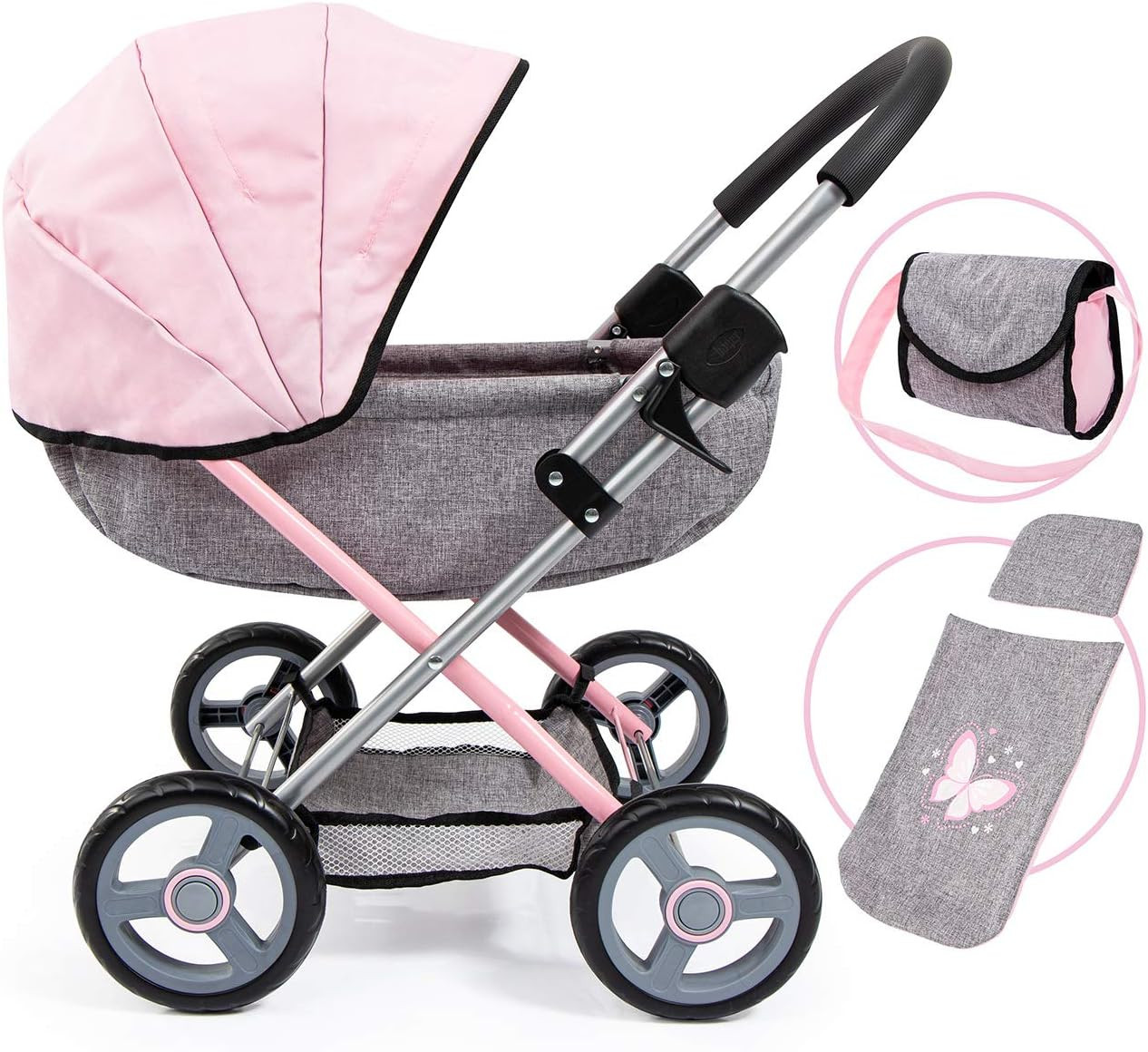 : 4-In-1 Toy Baby Doll Pram Stroller Cosy Set – Dolls up to 18″ (Pink/Grey) | Ba