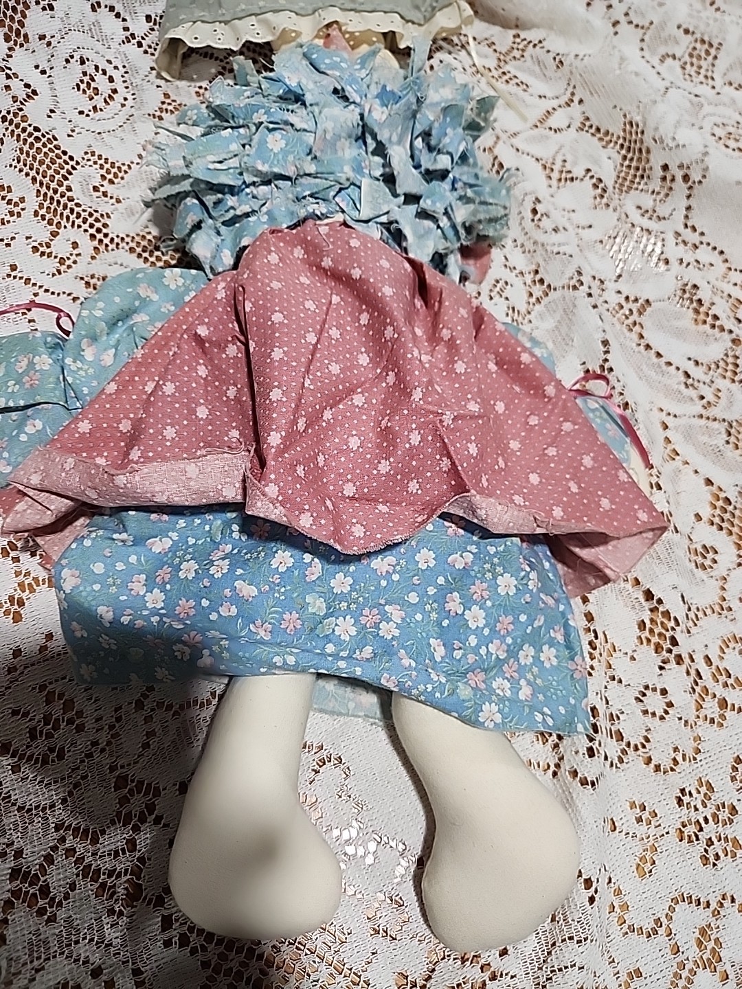 Two Vintage Handmade Cloth Rag Dolls Soft Body with Bonnets Ruffles & Bows