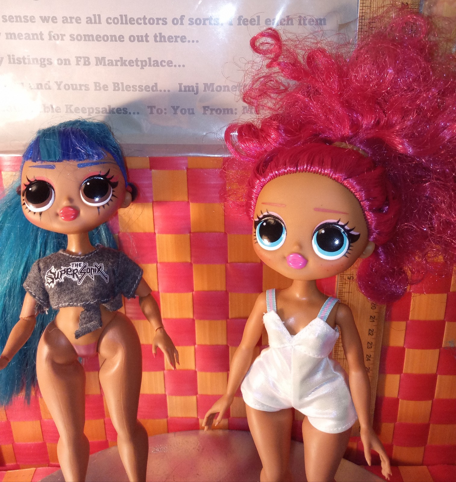 Dolls, OMG, Girl with blue hair and Girl in white outfit (UK), both 2019, 10″h b