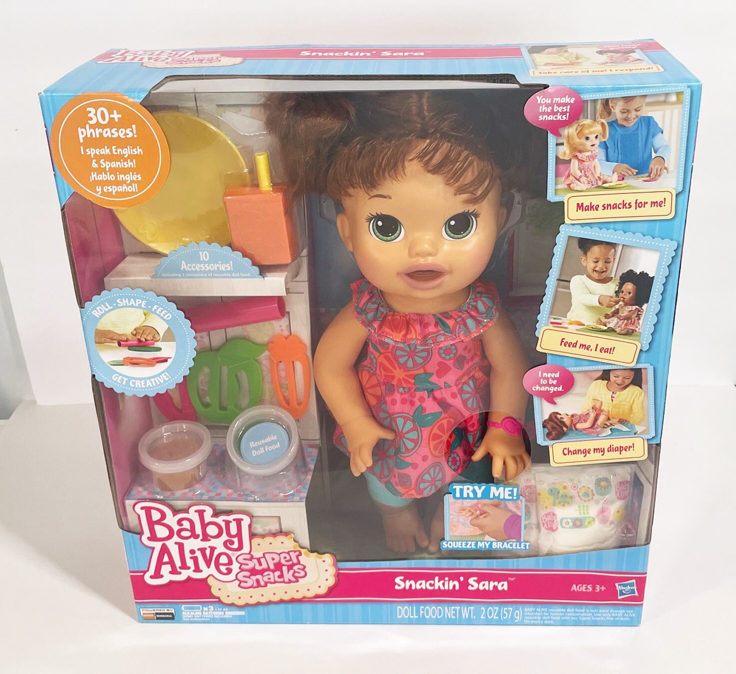 2016 Hasbro BABY ALIVE Super Snack Talking SNACKIN SARA Brunette Doll NEW SEALED