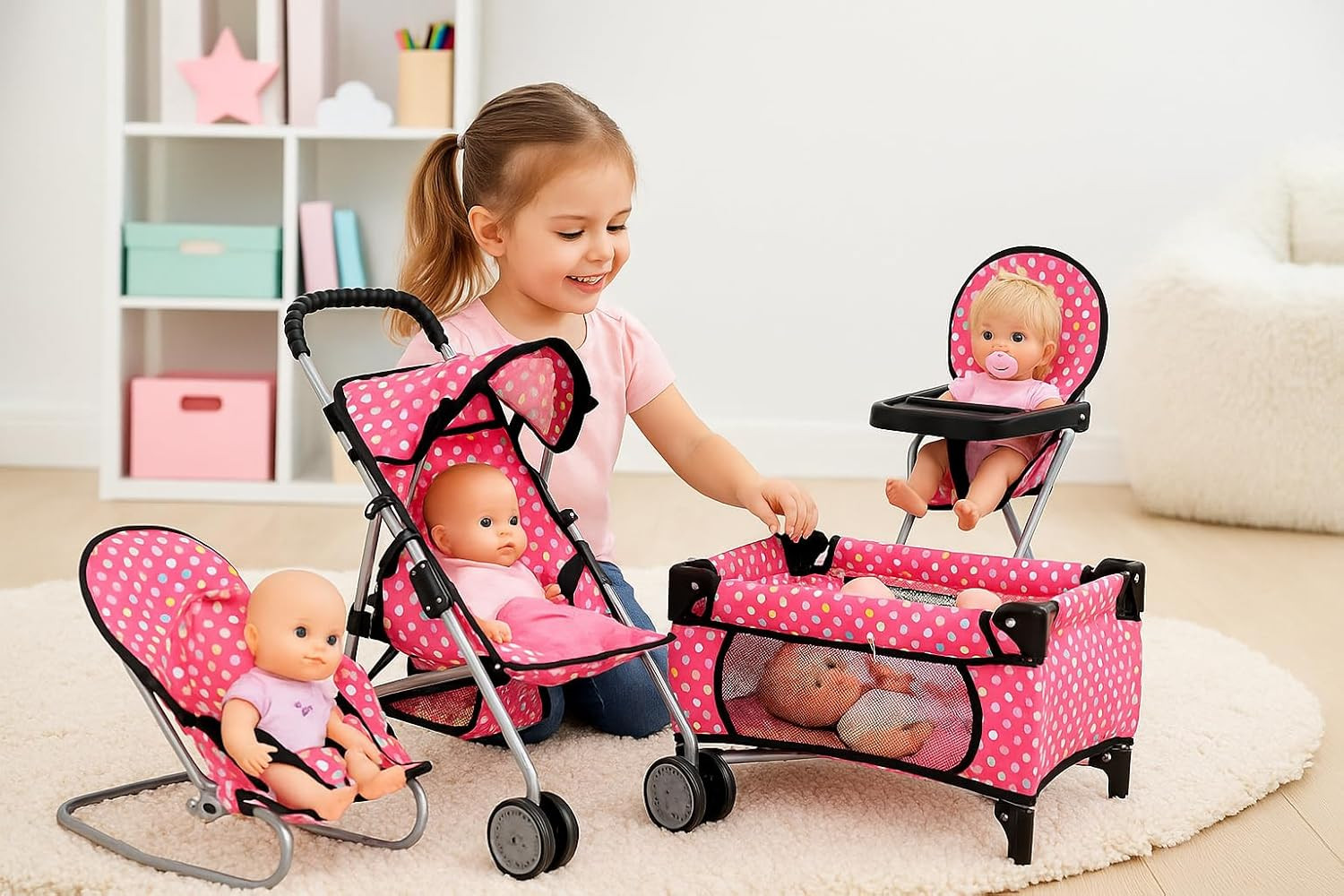 4 Piece Doll Play Set, Includes – 1 Pack N Play. 2 Doll Stroller 3.Doll High Cha