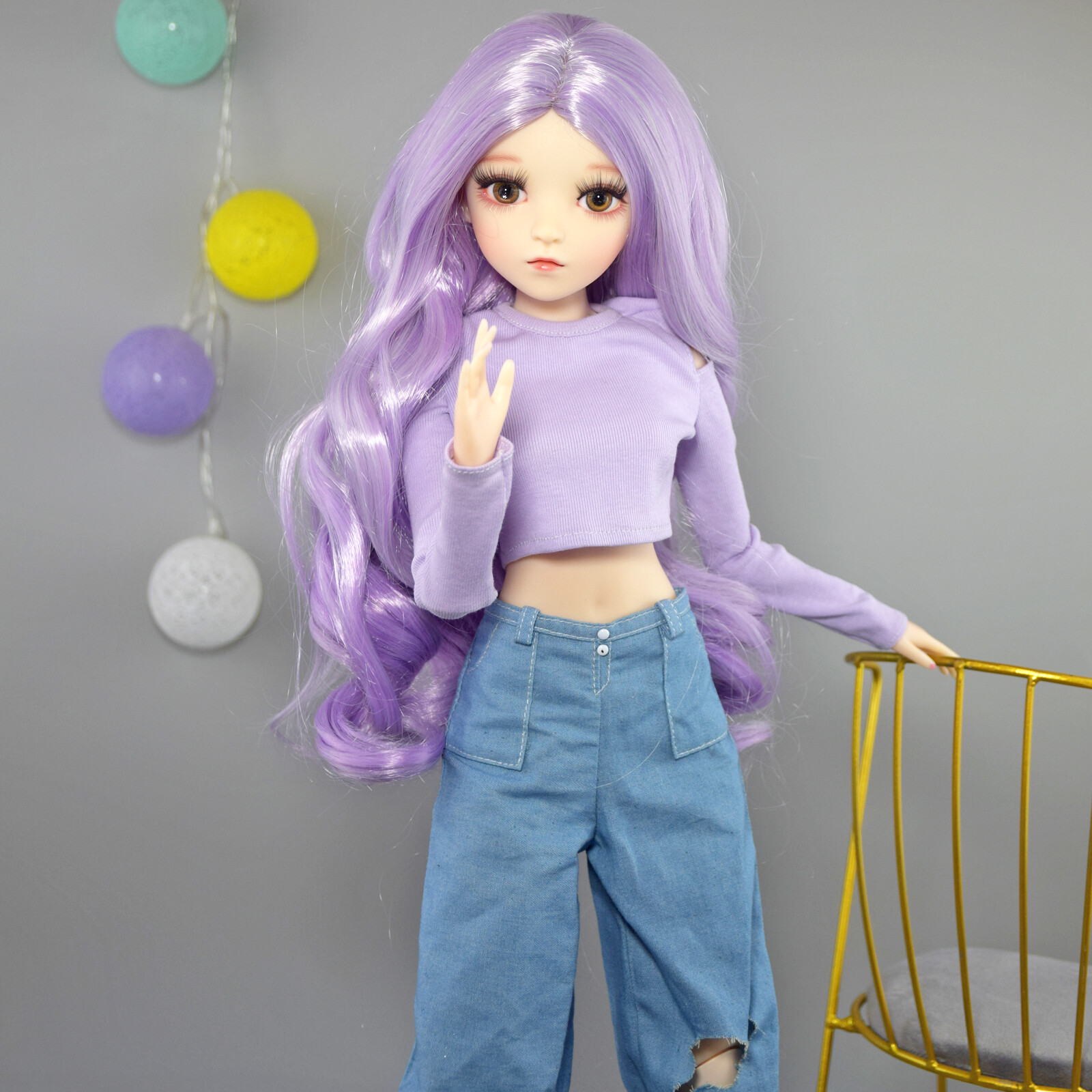 24 inch Brown Eyes Girl Doll Toy Purple color Wig Clothes Pants Shoes BJD Gift