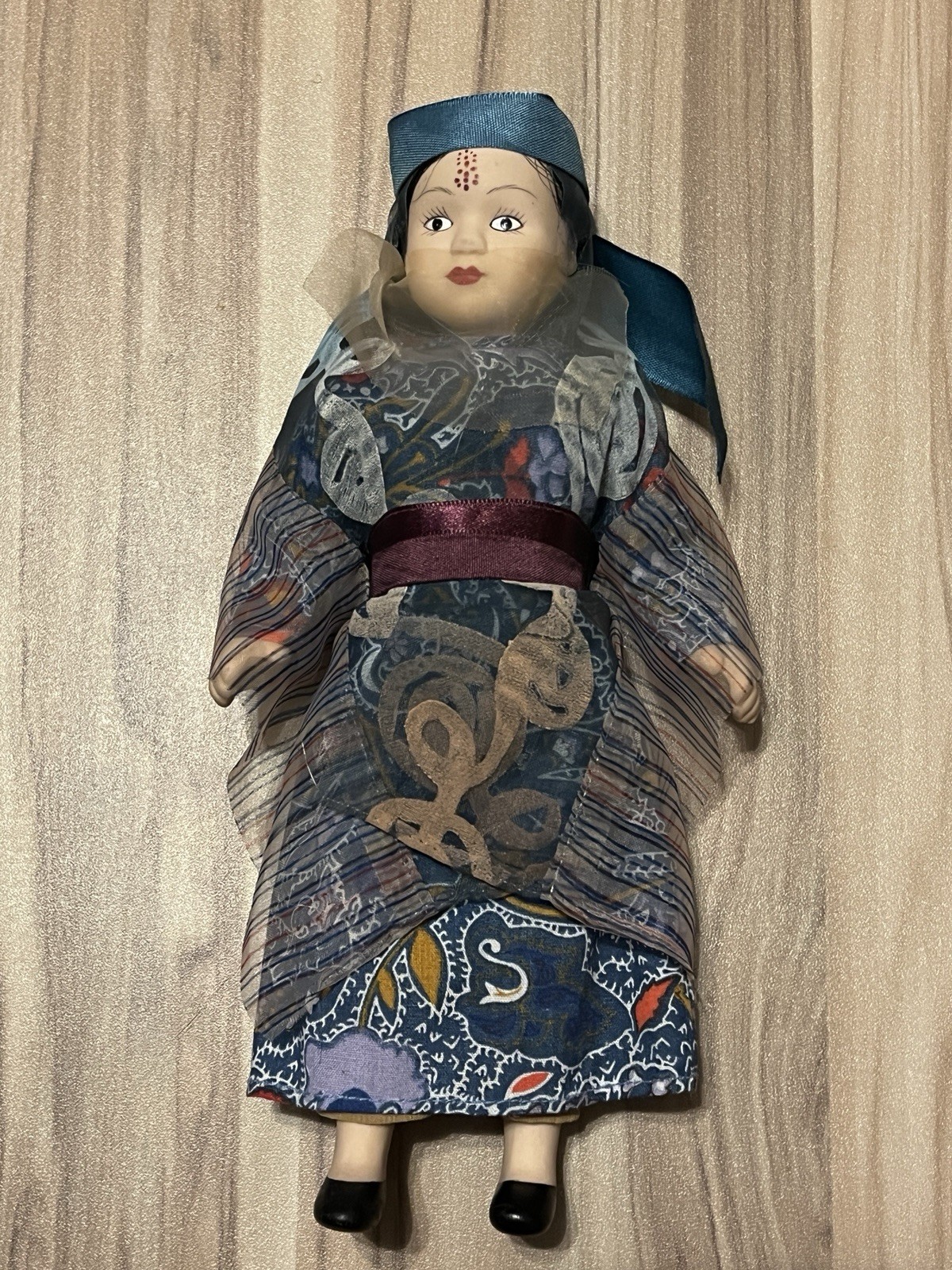 Handcrafted Doll with Blue and Red Outfit and Blue Dress
