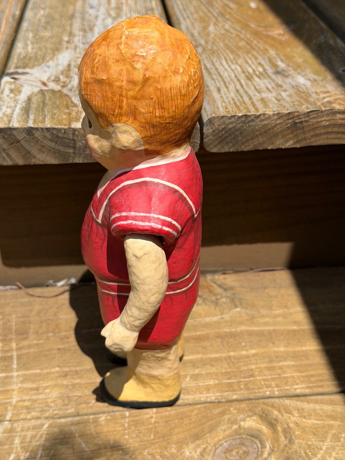 Paper Mache Doll Primitive Jointed Arms Vintage Red Outfit Hand Painted