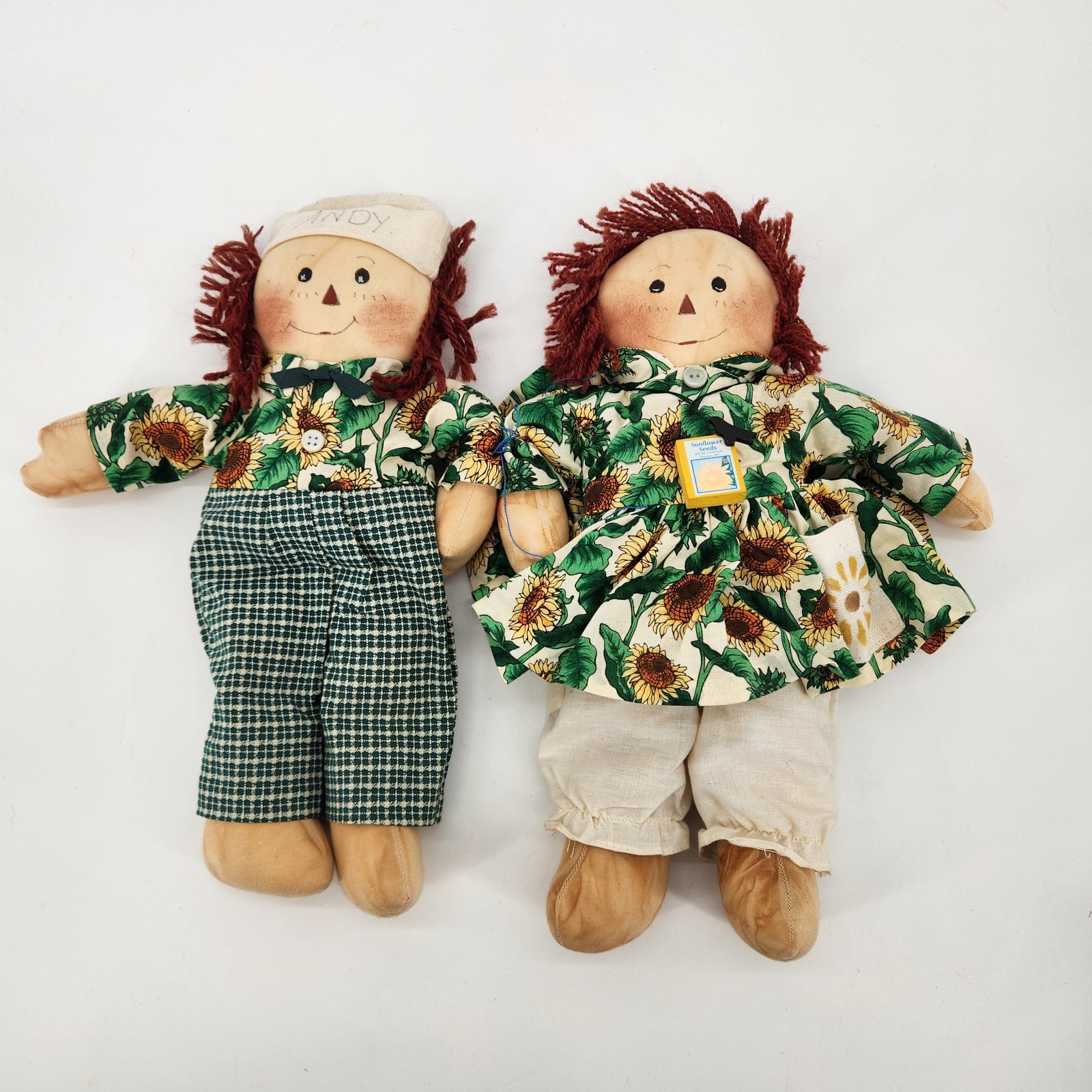 2 13in Vintage Hand Made Raggedy Ann And Andy Dolls Sun Flower Curly Brown Hair