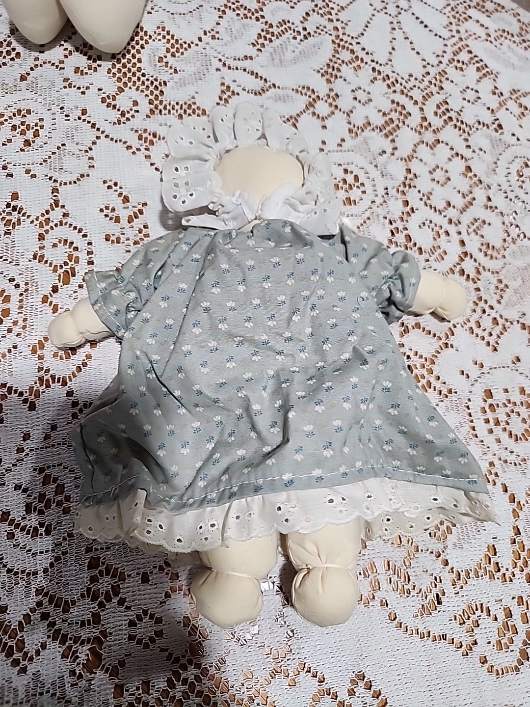 Two Vintage Handmade Cloth Rag Dolls Soft Body with Bonnets Ruffles & Bows
