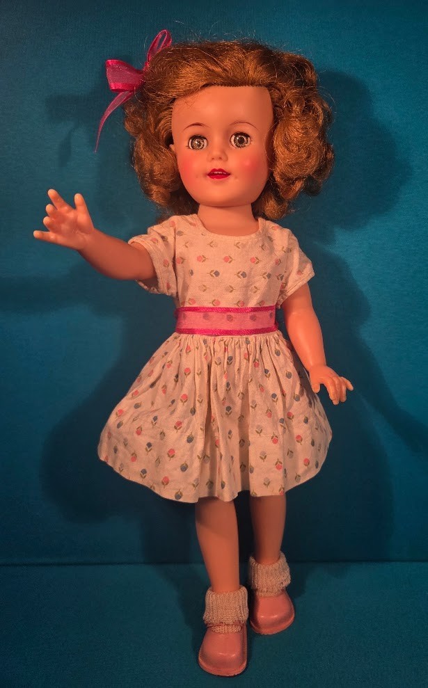 Vintage 1958-59 Ideal 15″ vinyl SHIRLEY TEMPLE doll, hair burn damage, redressed