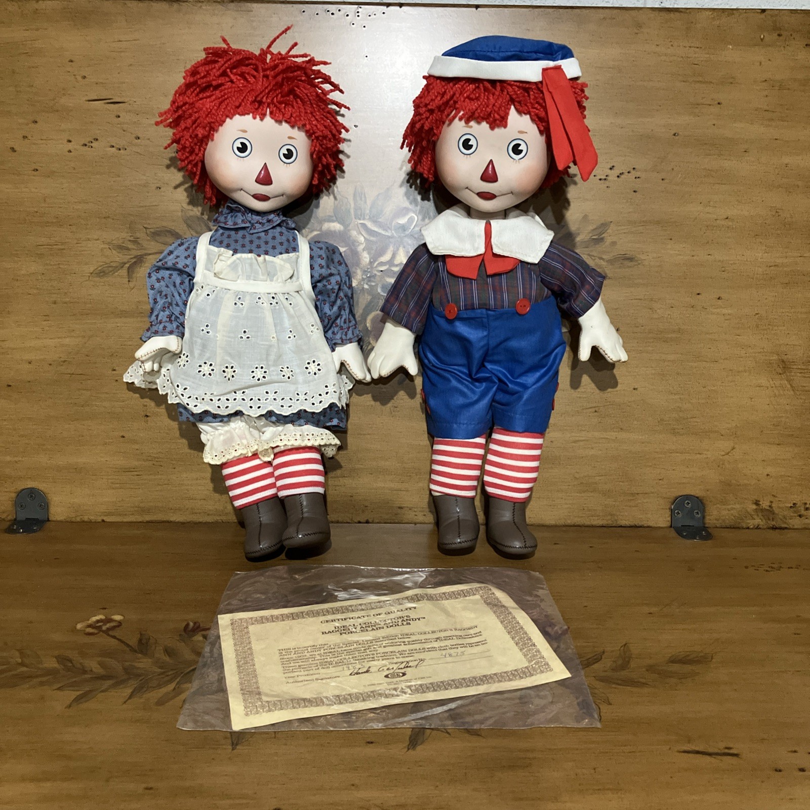 Vintage 1983 IDEAL 16” Porcelain Raggedy Ann & Andy Dolls With Certificate