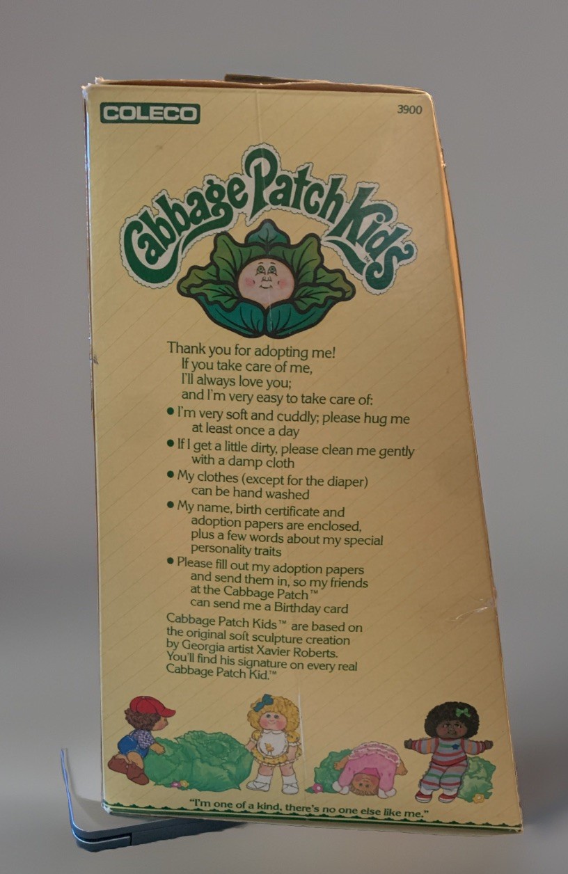 1983 Coleco Cabbage Patch Kid Girl Brown Yarn Side Pigtails In Box Papers Blue