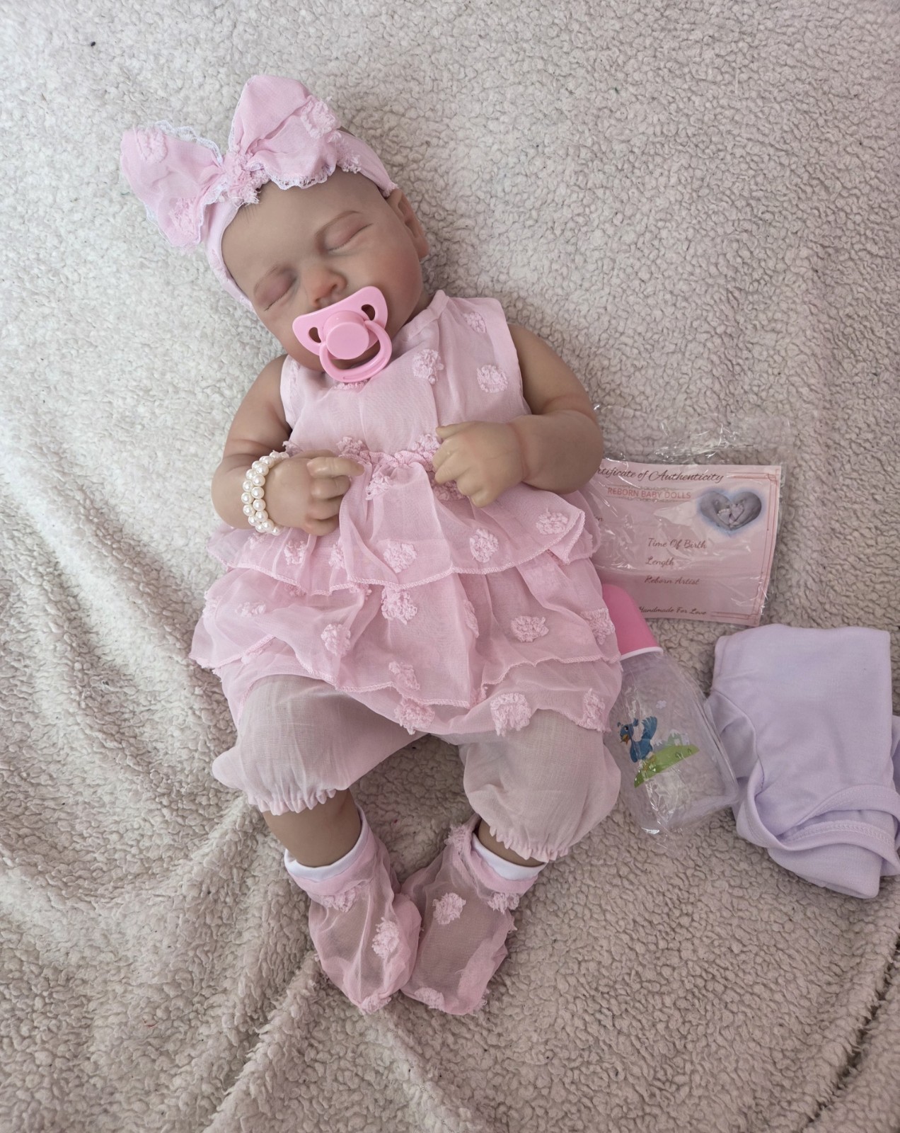 Sleeping pink frilly baby girl doll vinyl and cloth realistic newborn girl doll