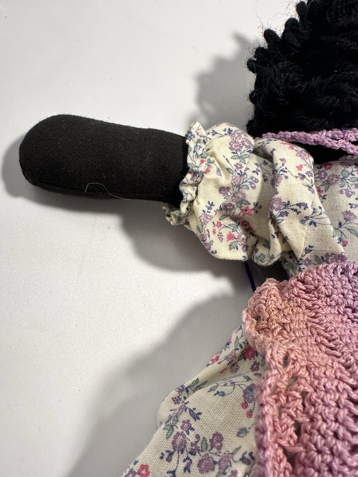Vintage Handmade Black Cloth Rag Doll Yarn Hair Floral Dress Folk Art