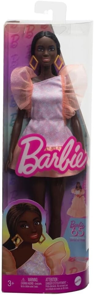Barbie Fashionistas Doll #216 with Tall Body, Black Straight Hair & Peach Dress