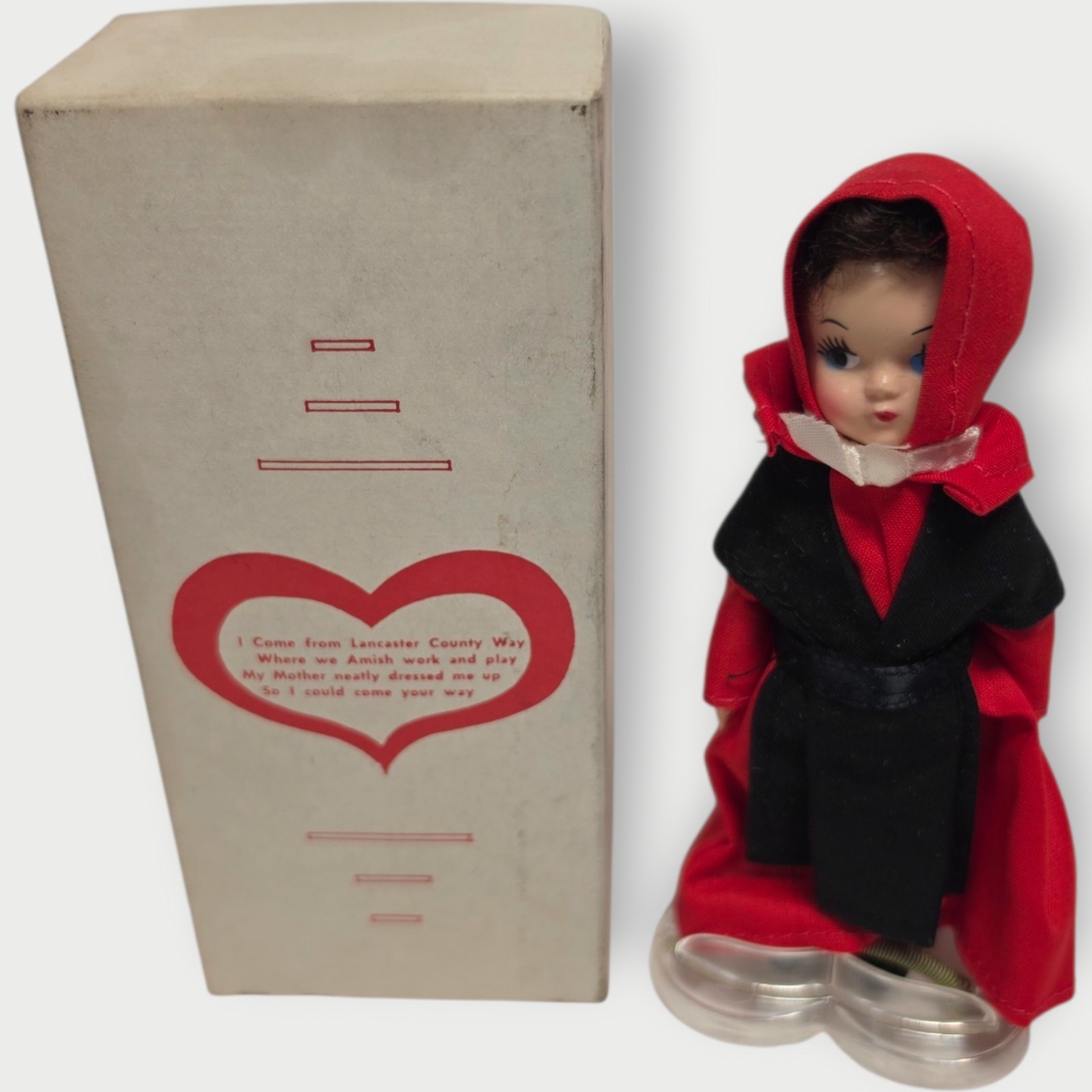 Vintage Lancaster County PA 5″ Amish Girl Doll with Red Outfit Box Stand
