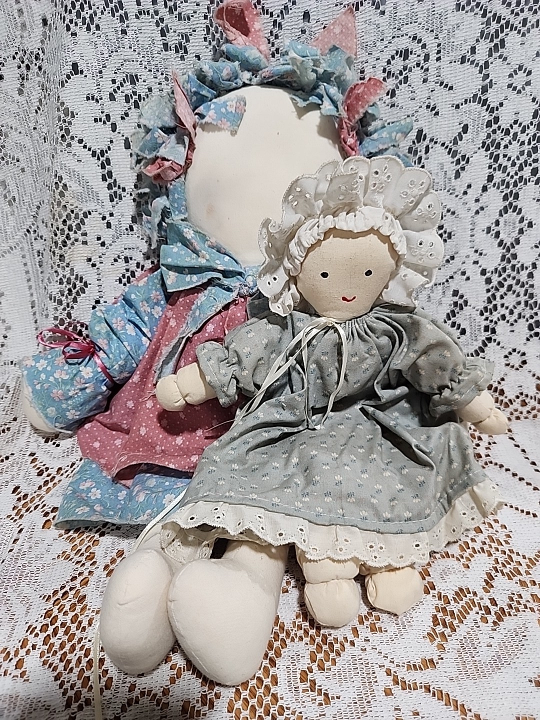 Two Vintage Handmade Cloth Rag Dolls Soft Body with Bonnets Ruffles & Bows