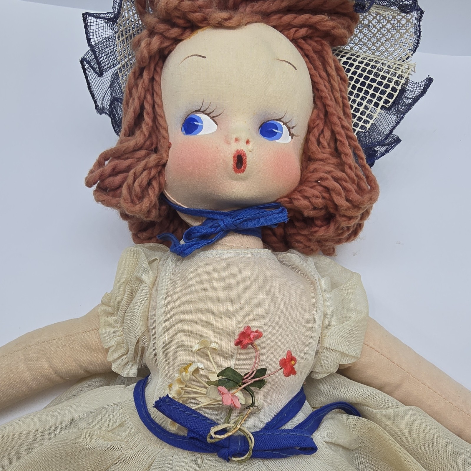 1930s Lenci Style Cloth Doll 20″ Italian Girl Painted Yarn Hair Organza Dress