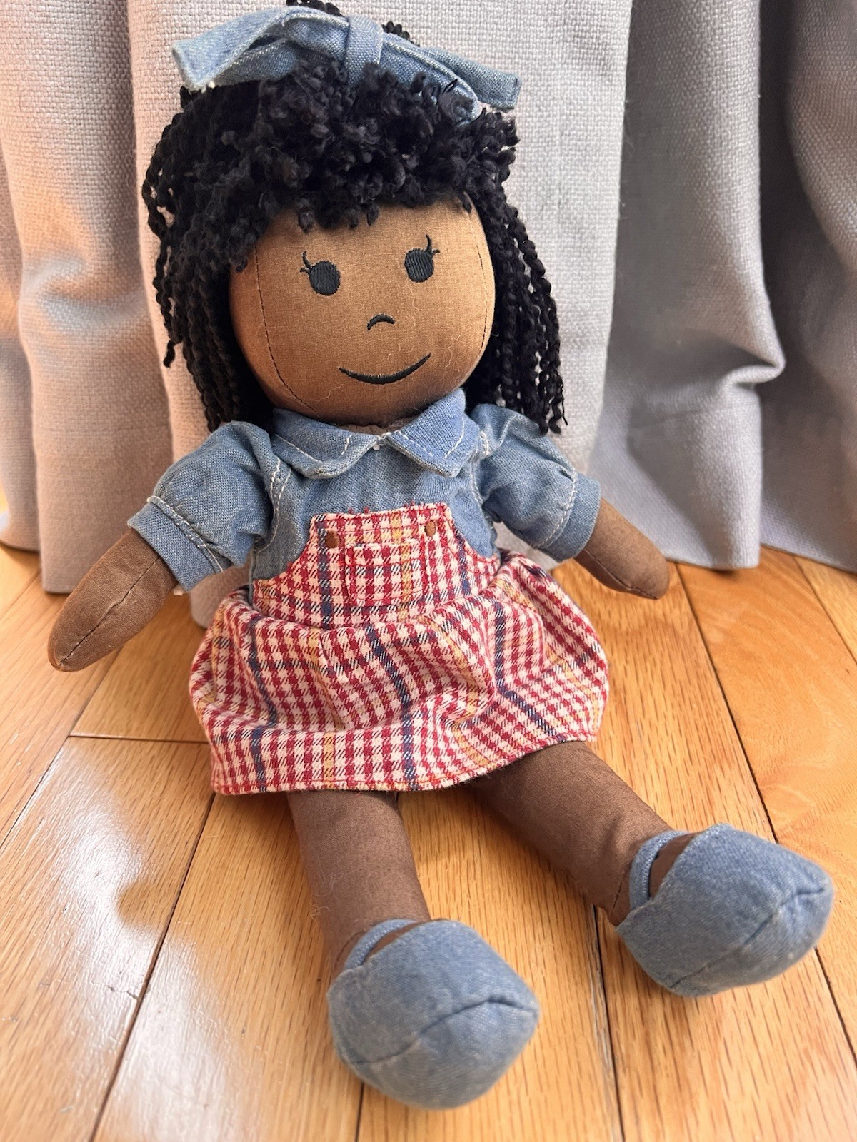 Rare Baby Gap African American Cloth Rag Baby Doll Yarn Hair Denim Jean Plush