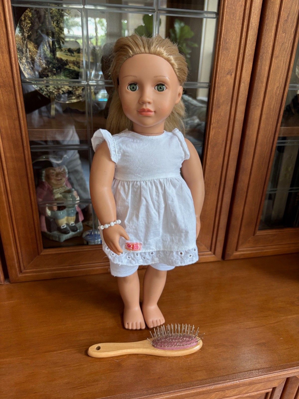 Our Generation 18″ Doll Blonde Green Eyes White Outfit, Bracelet & Hairbrush