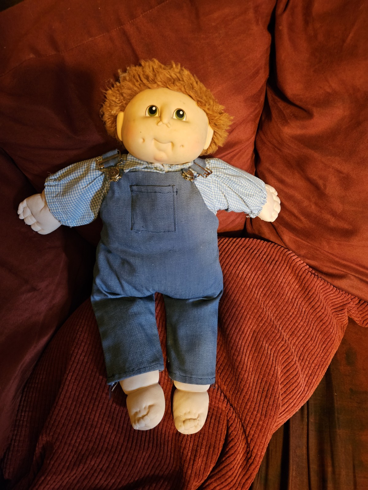 Boy Play Doll Soft Cloth Body Plastic Head/Hands Red Curly Hair Overalls